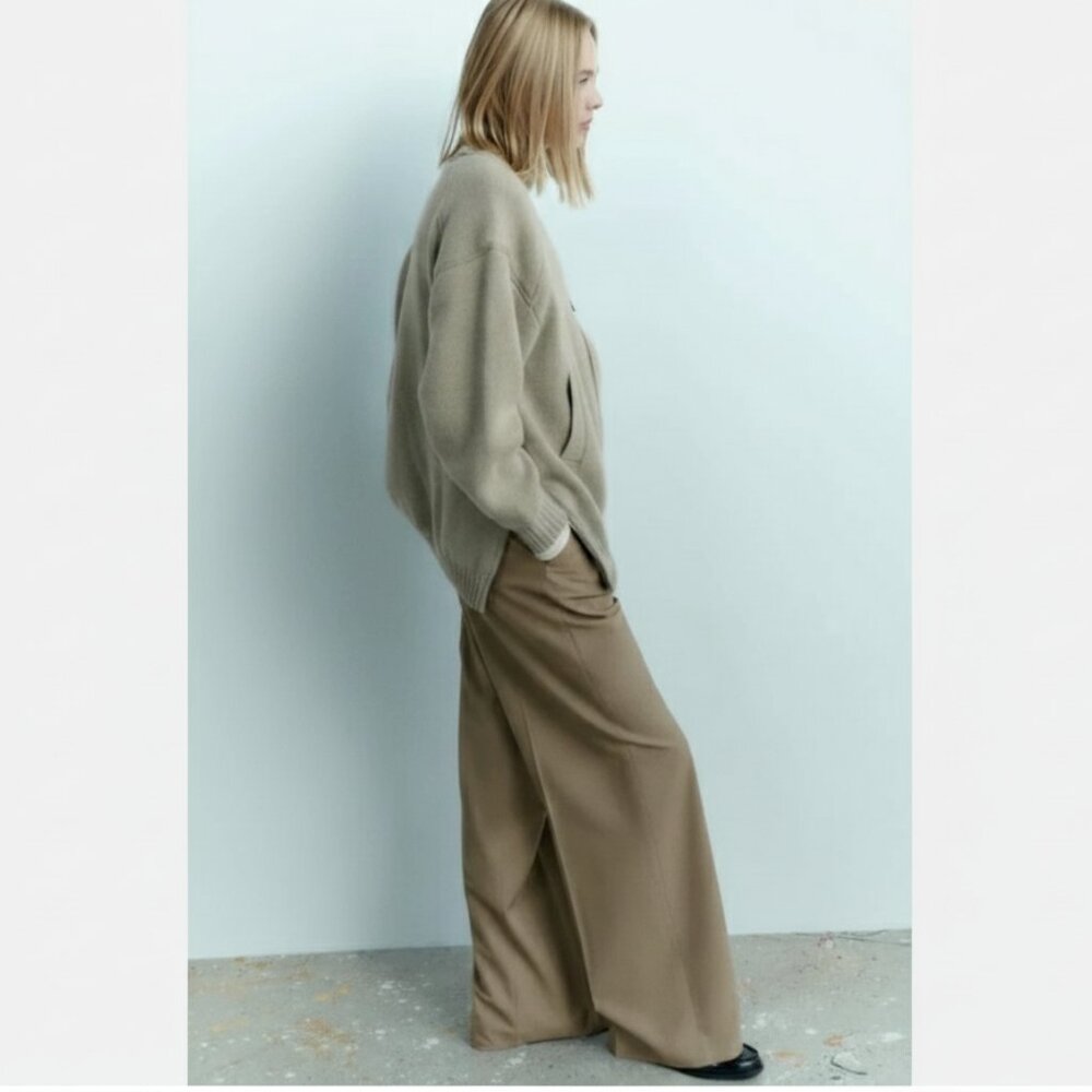 ZARA Wool Blend Oversized Side-Zip Knit Cardigan Jacket — Sage Green, Size L/XL